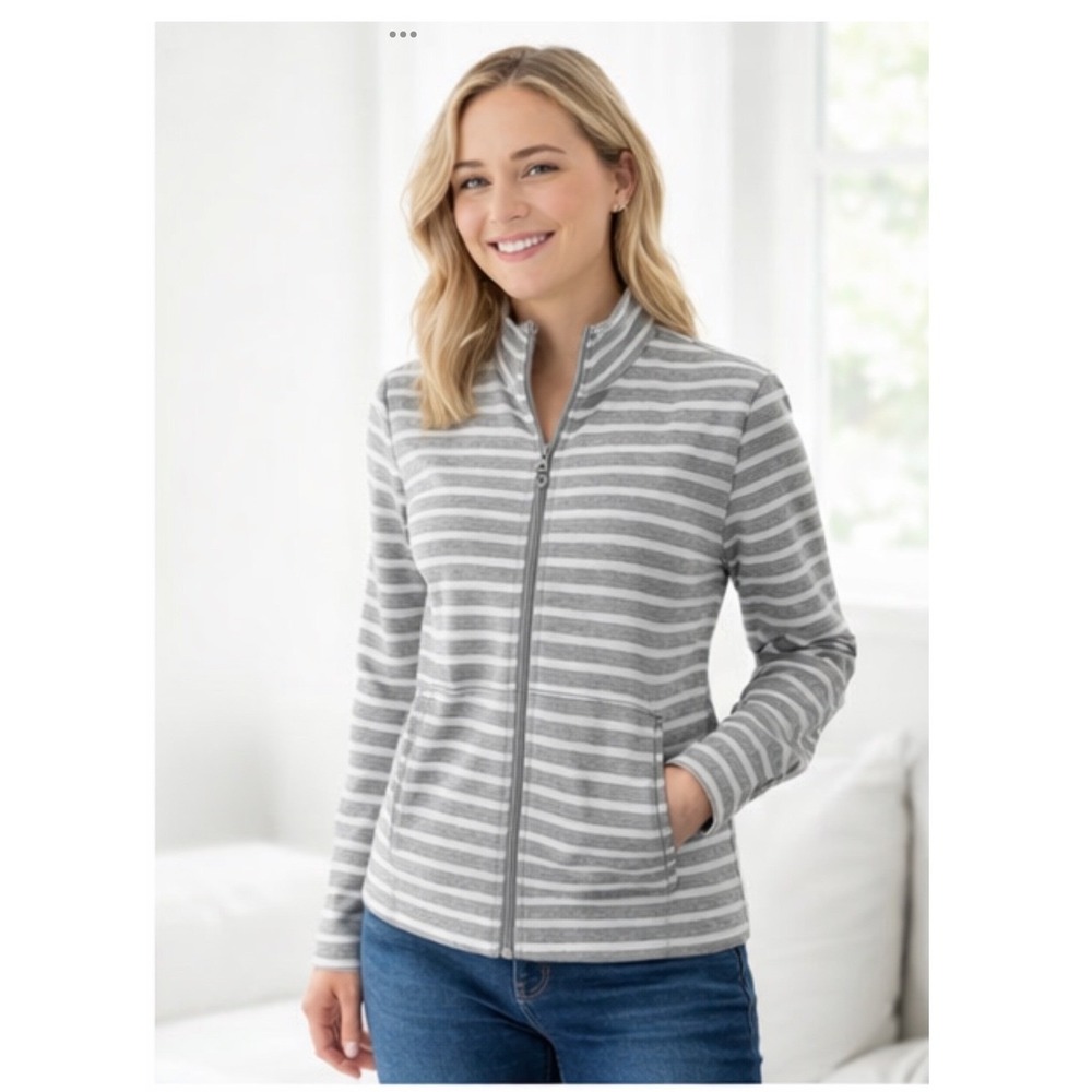 Jones New York Women Grey White Striped Full Zip Mock Neck Jacket Large JNY